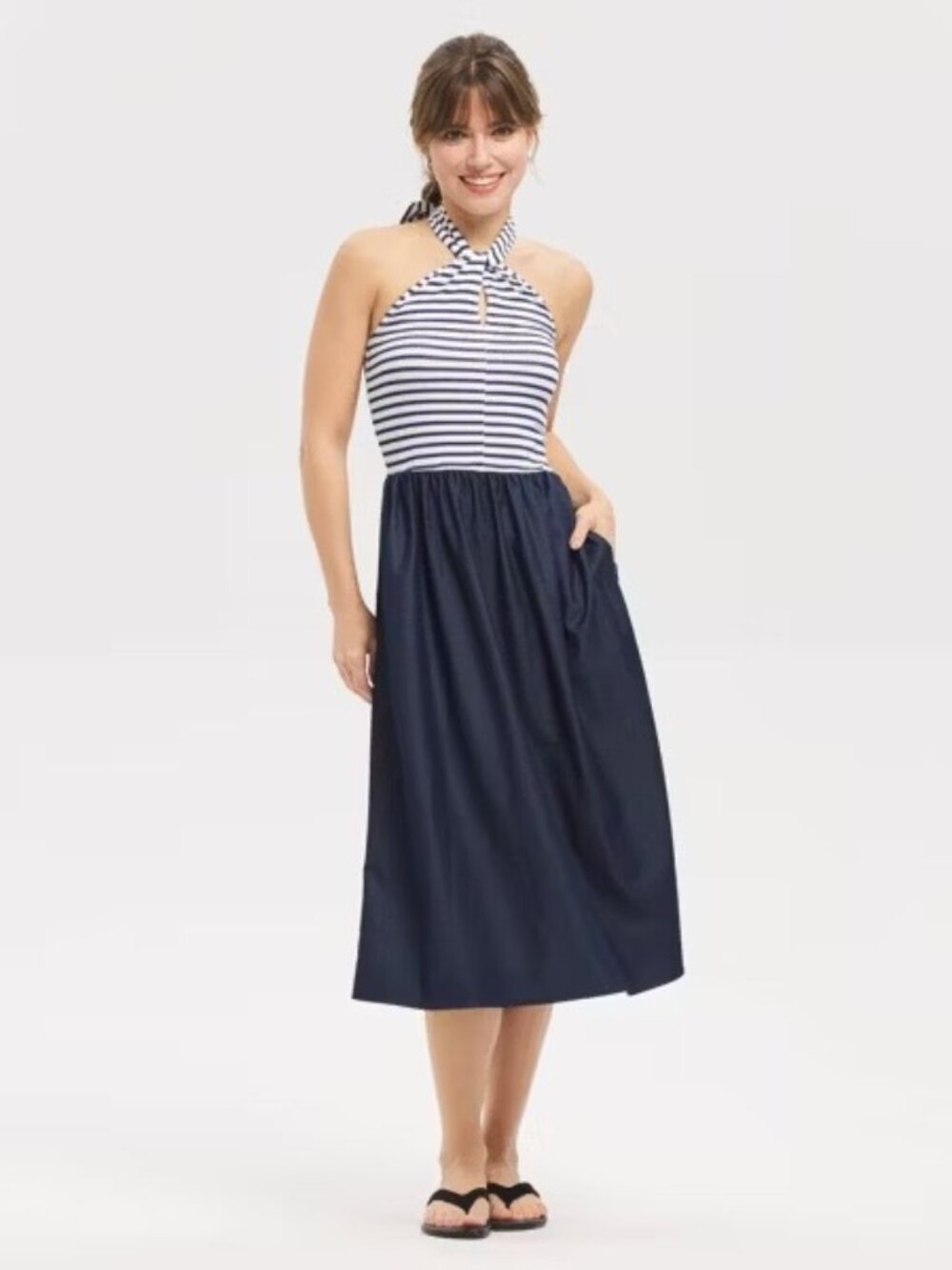 Halter Tie-Back Midi Dress Navy Stripe Mixed Fabric Universal Thread Nautical XS